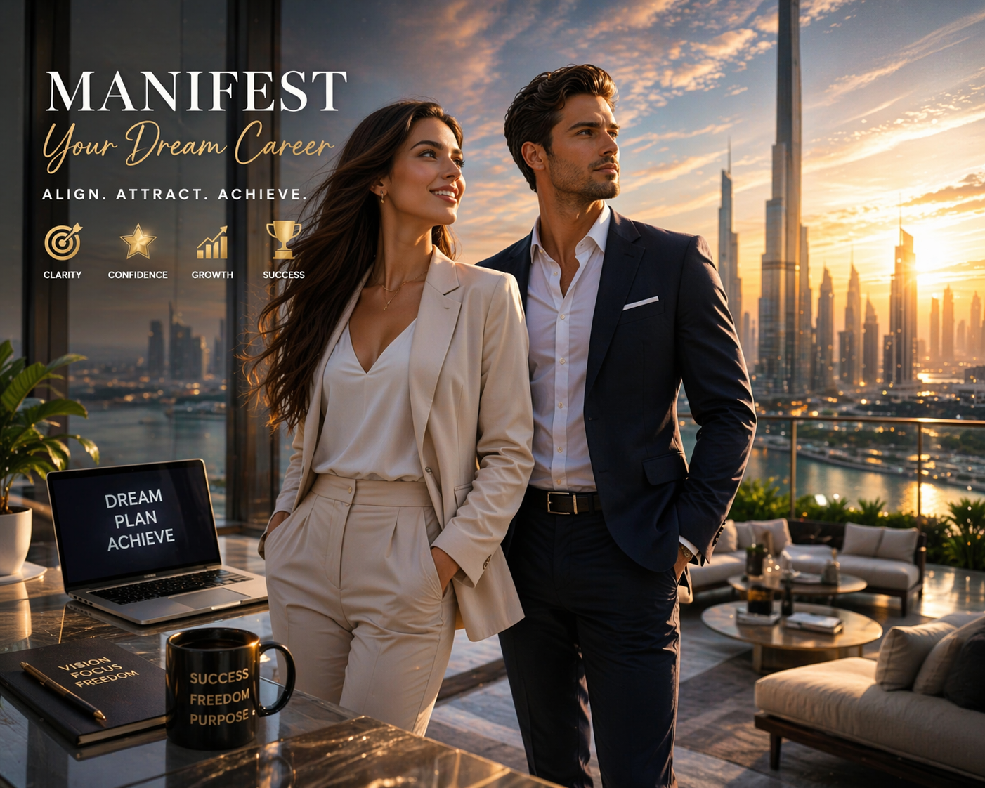Manifest Your Dream Career subliminal cover art, couple in a modern apartment with a city view