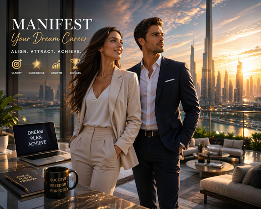 Manifest Your Dream Career subliminal cover art, couple in a modern apartment with a city view