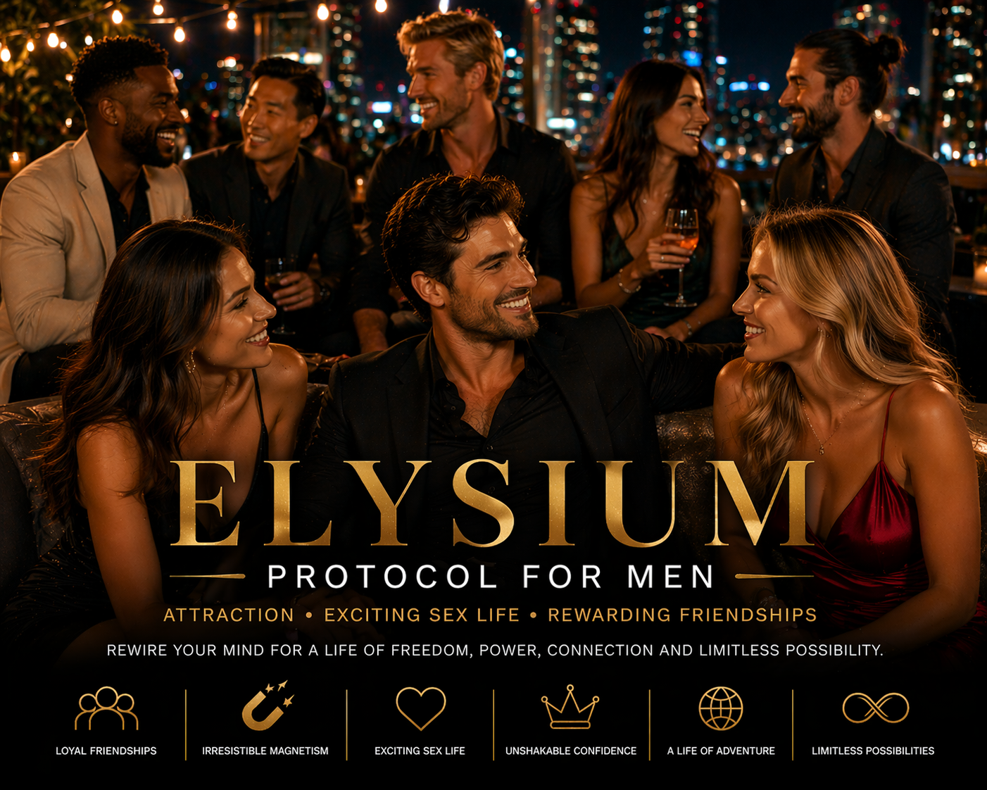 Elysium Protocol for Men subliminal cover art, group socialising at a party