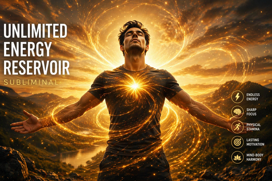Unlimited Energy Reservoir subliminal cover art, man radiating light against a mountain landscape