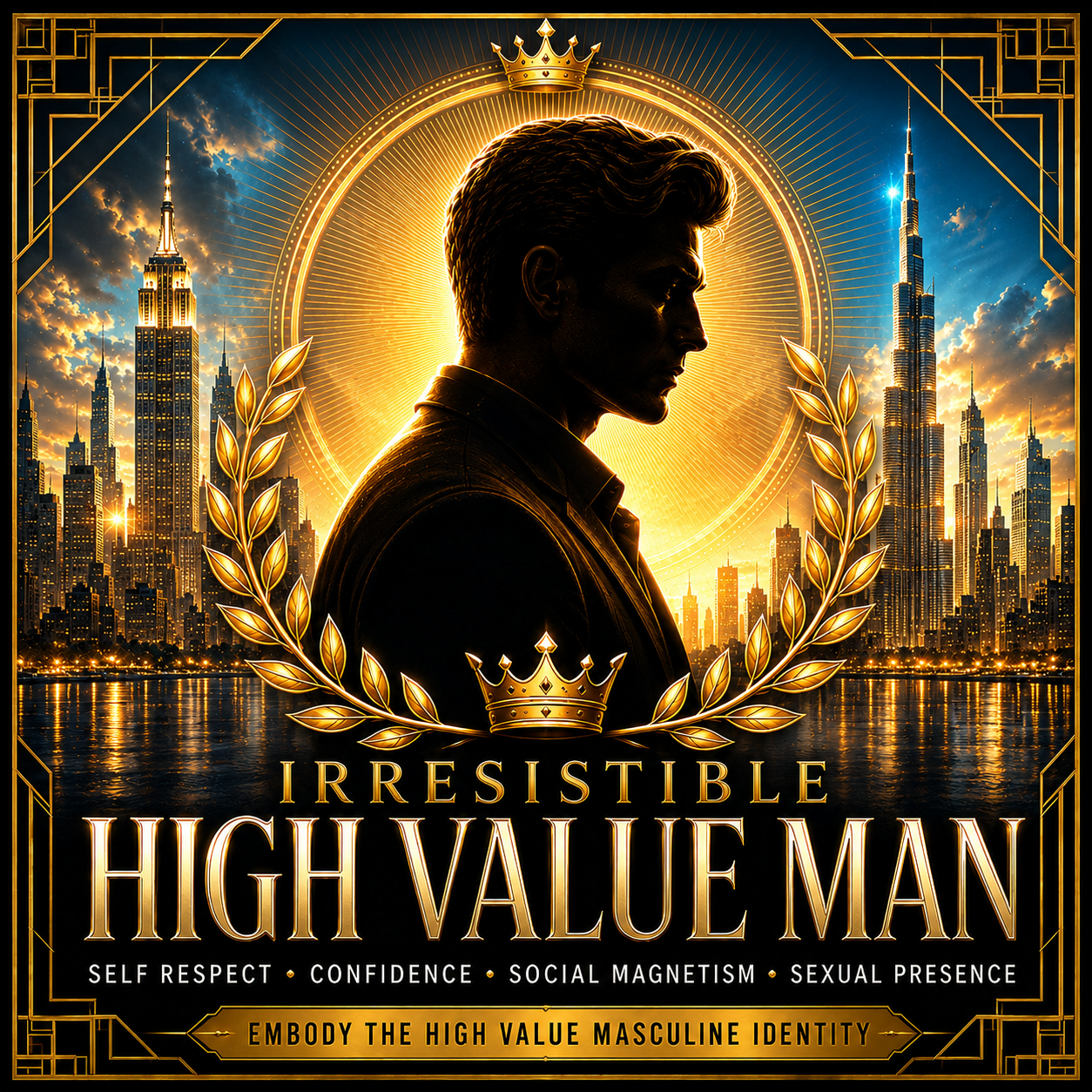 Irresistible High Value Man subliminal cover art, silhouette against a city skyline