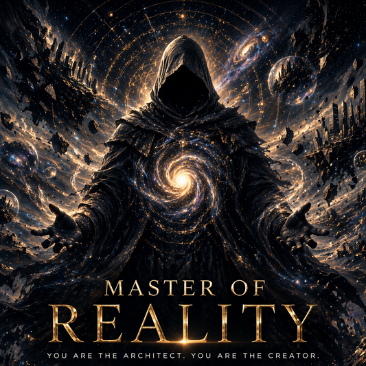 Master of Reality subliminal audio cover art, hooded figure against a cosmic background