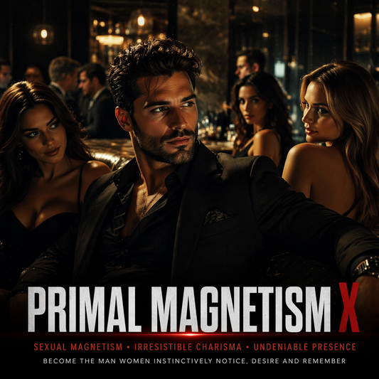 Primal Magnetism X subliminal cover art, man in a dark suit in a dimly lit room